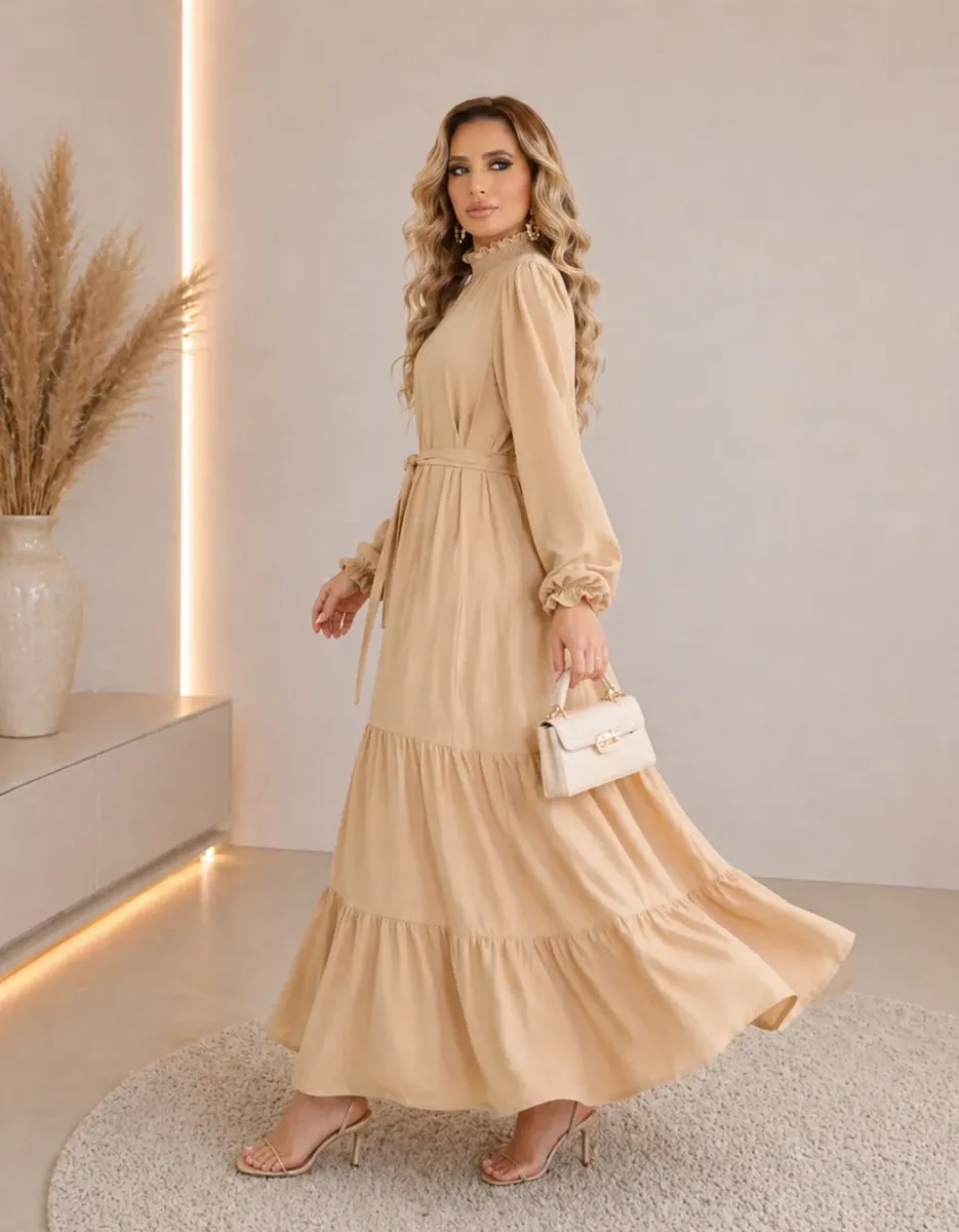Vestido Feminino Festa Manga Longa Evangélico Gola Alta