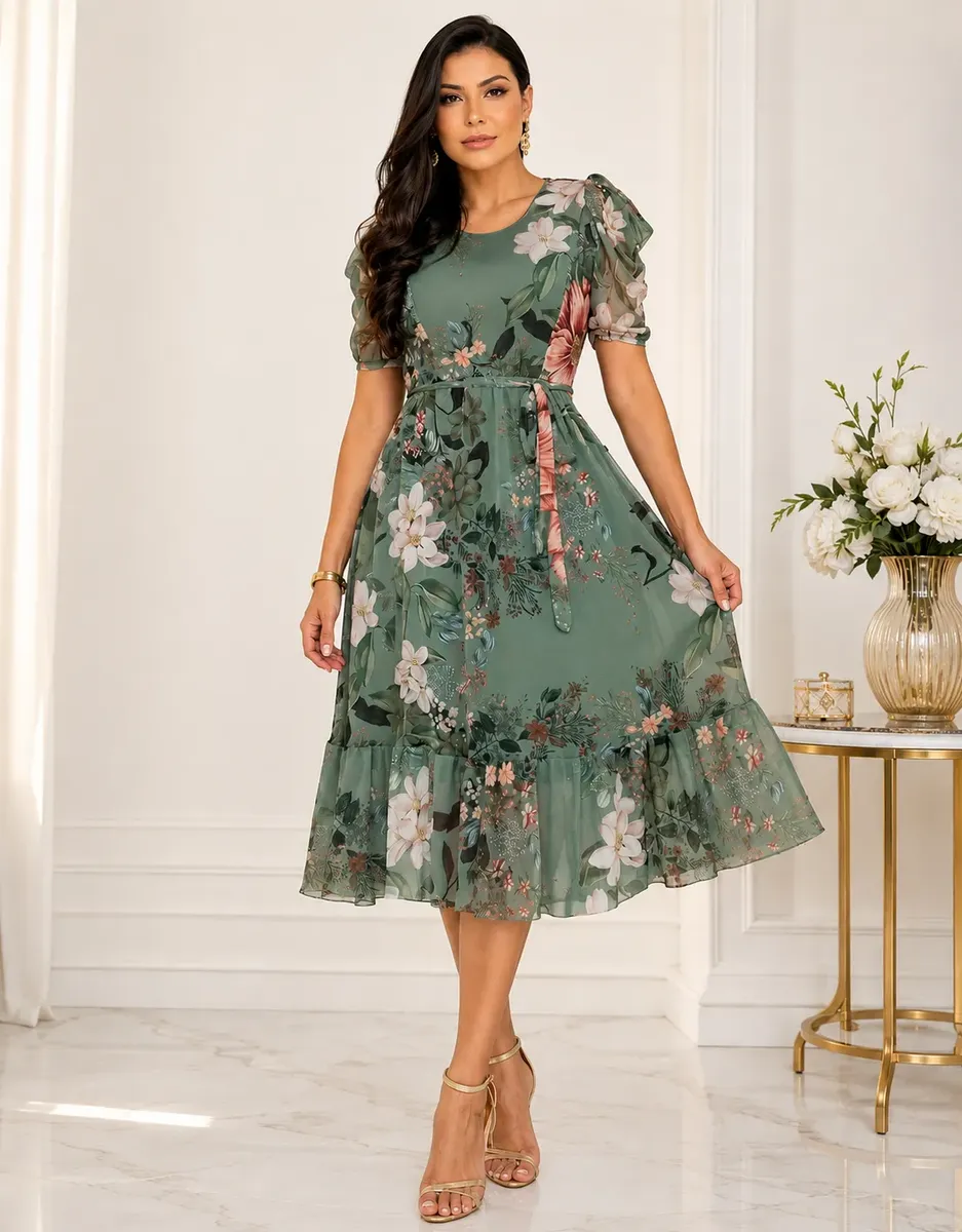 Vestido Midi Tule Estampado Evangélico