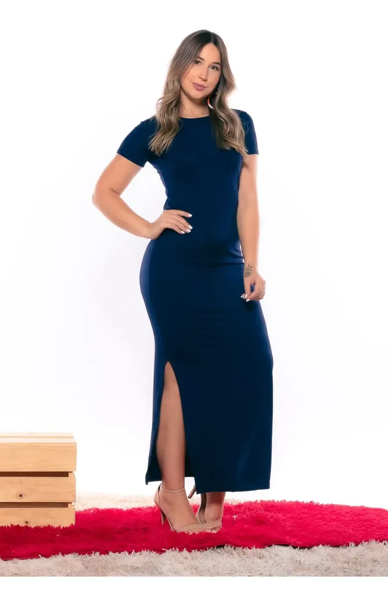 Vestido Versáti Casual Manga Curta Longo Nova Moda Feminina
