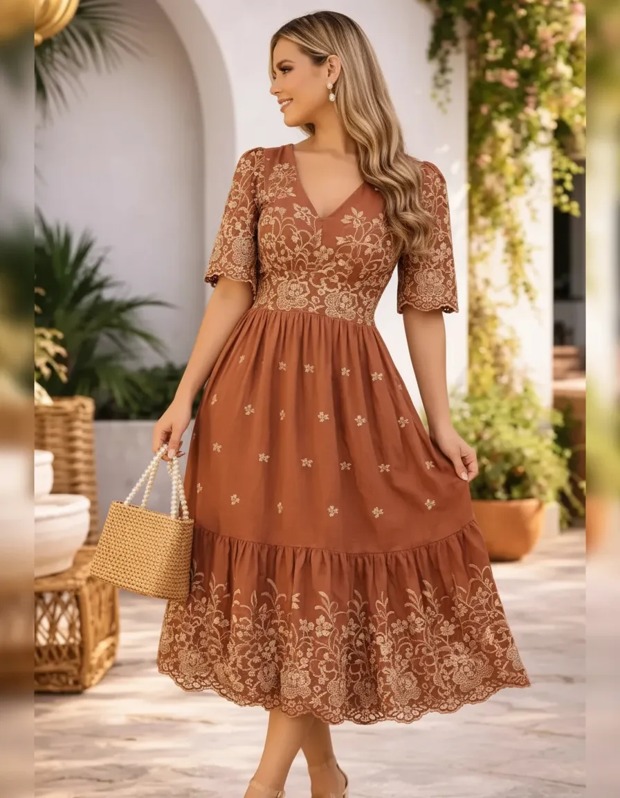 Vestido Bordado De Linho Midi Moda Evangélica Festa De Luxo
