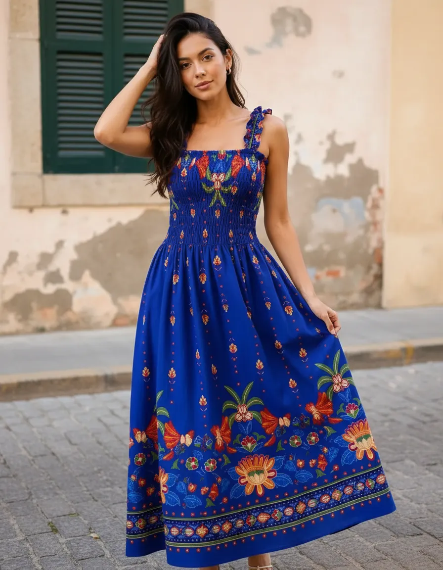 Vestido Midi Feminino Azul Estampado Floral Com Lastex Alças