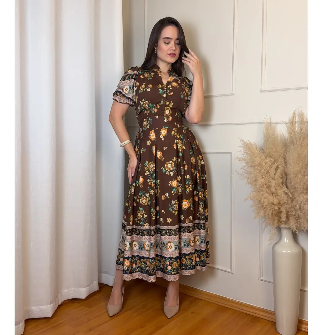 Vestido Moda Evangélica Saia Mídi Estampado