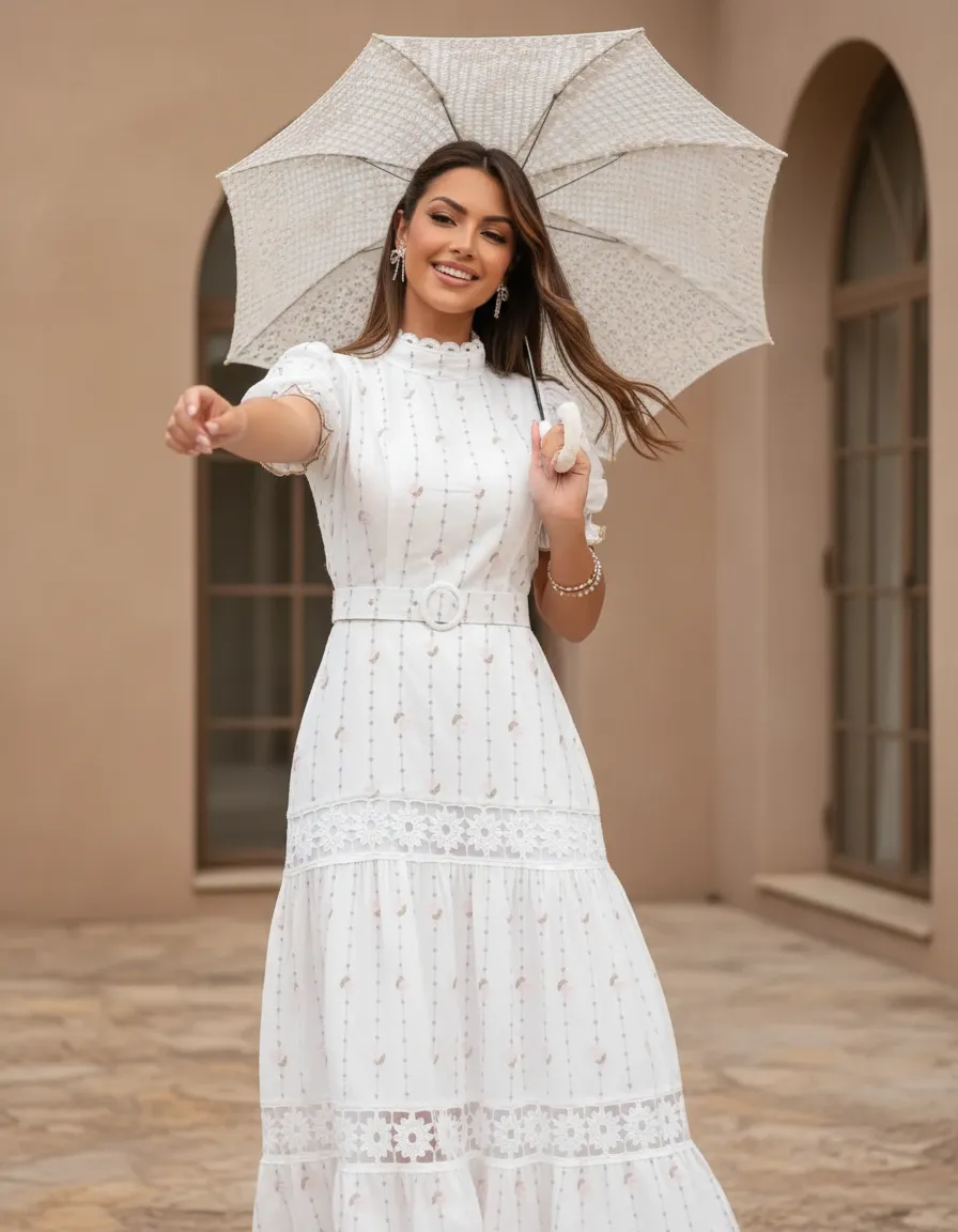 Vestido Moda Evangélica Mídi Laise Bordado Premium