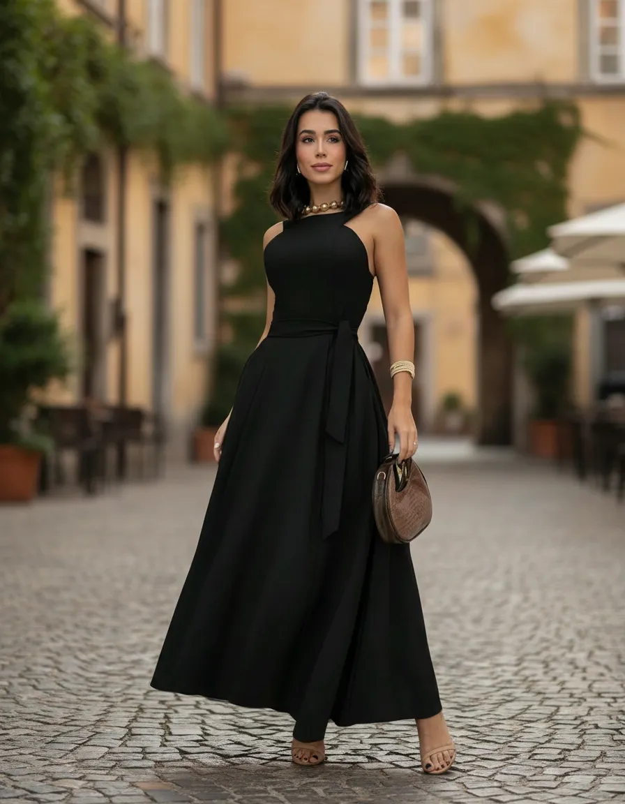 Vestido Longo Feminino Elegante Com Cinto Modelo Acinturado