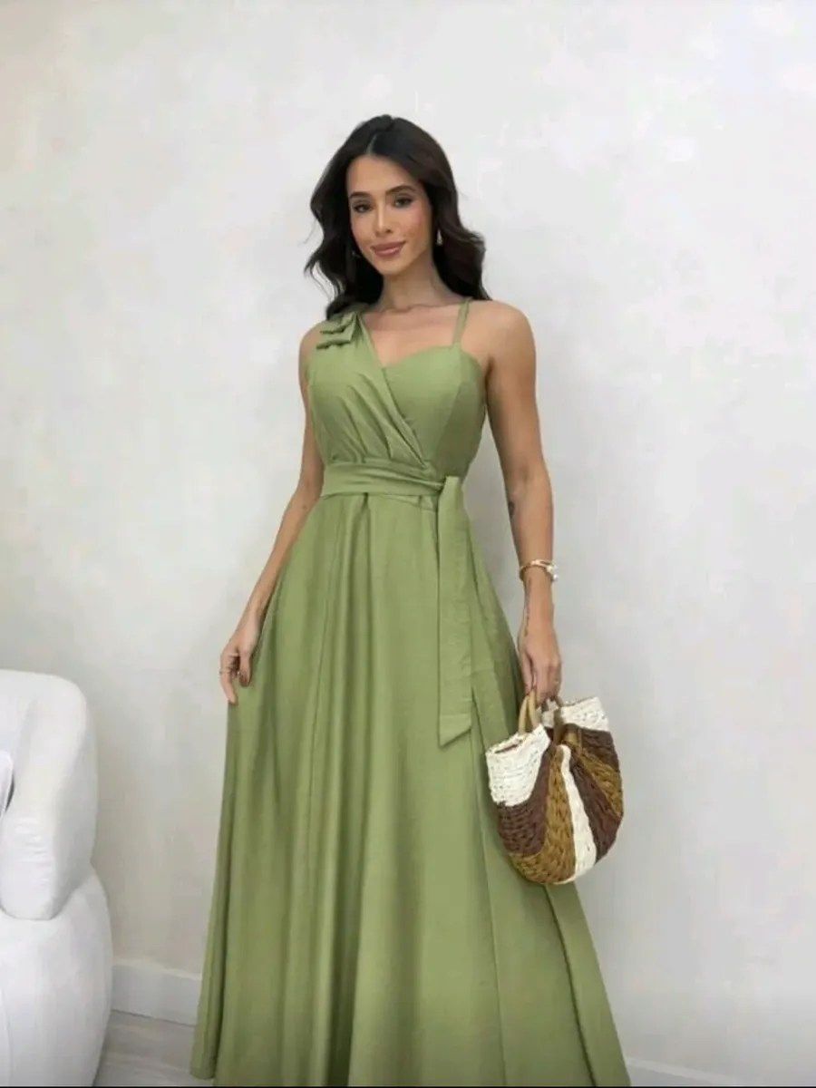 Vestido Longo Feminino Elegante Transpassado Com Laços Festa