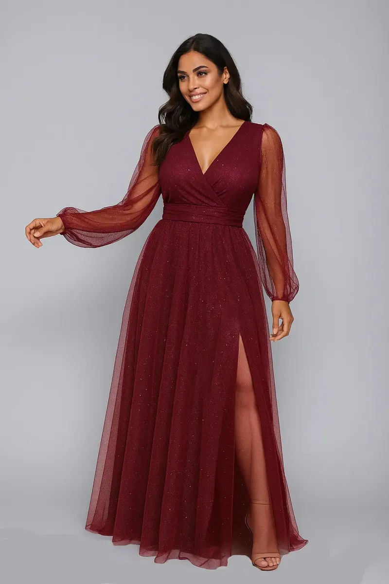 Vestido Longo Casamento Tule Brilho Com Manga E Fenda