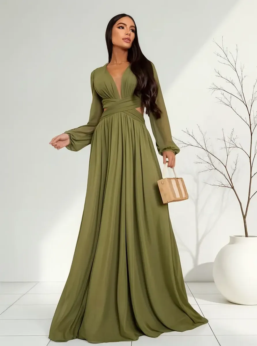 Vestido Madrinha Festa Longo Fluido Convidada Manga Longa