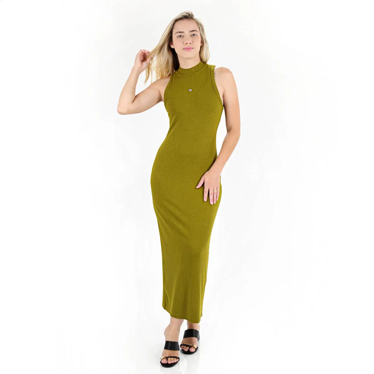 Vestido Colcci Midi Canelado Logo Cc S/ Manga Verde Musgo