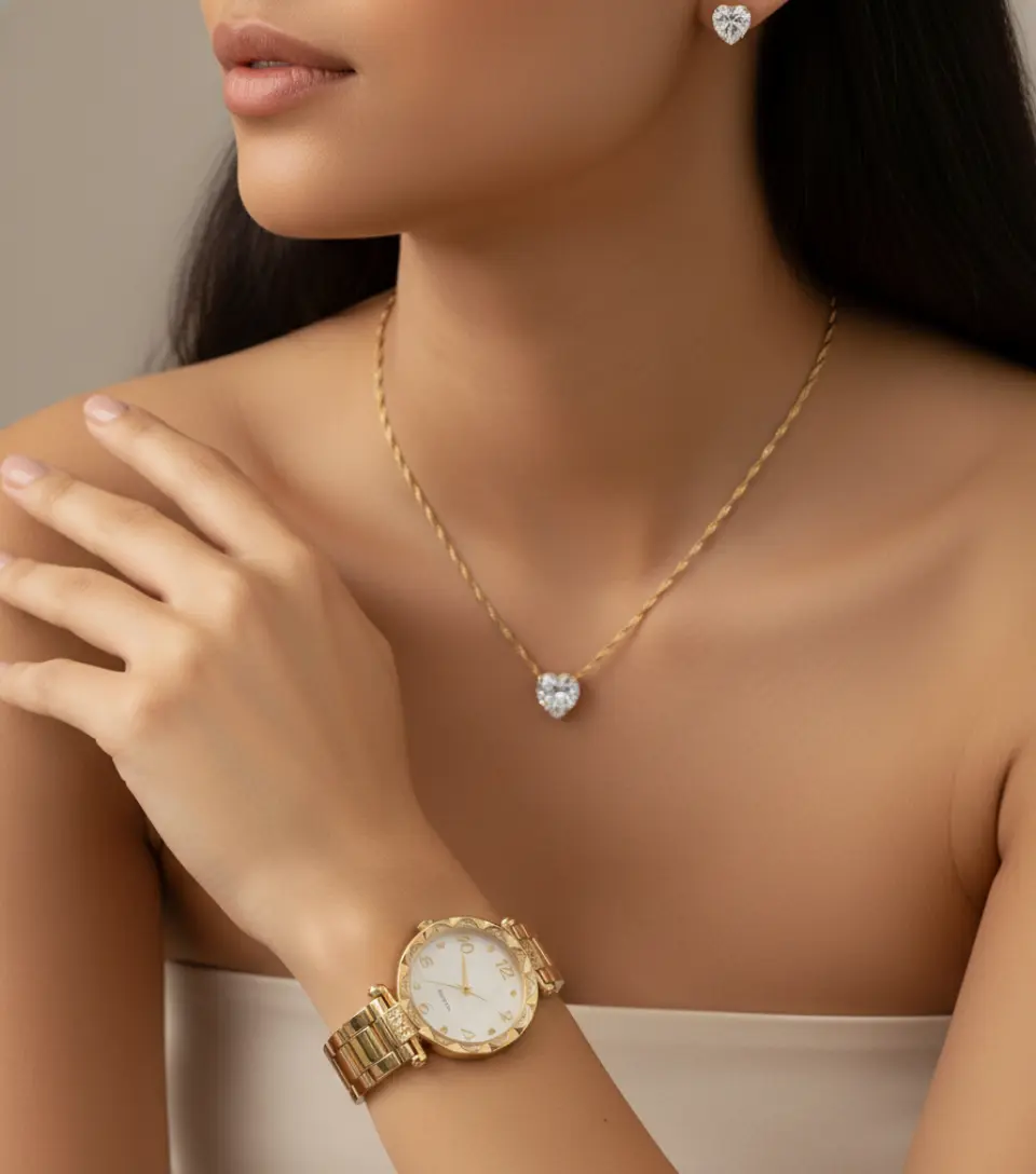 Relógio Feminino De Pulso + Kit Colar Pingente E Brincos Folheados 18k Alta Qualidade Premium Cor Dourado Semi Joias Acessórios Feminino Marca Popsy