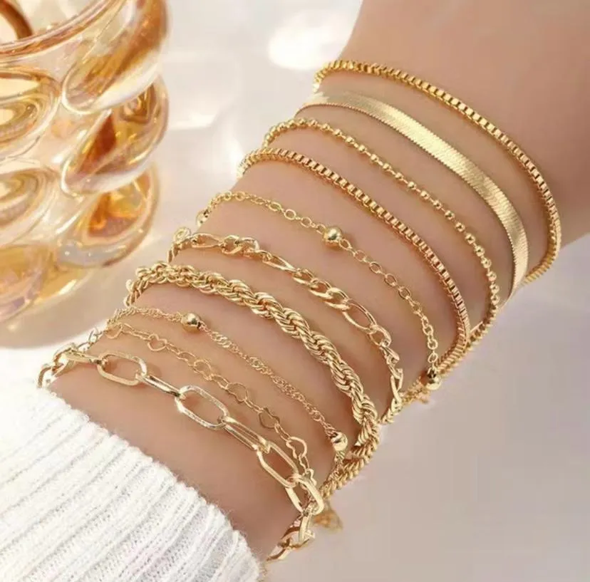 Conjunto De 10 pulseiras femininas banhadas a ouro 18k luxo 20cm cor dourado