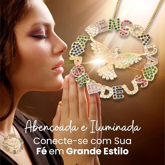 Colar Feminino Banhado a Ouro 18k – "Abençoada por Deus" com Zircônias Multicoloridas – Fé, Proteção, Luxo e Sofisticação – Acompanha Bolsa de Veludo