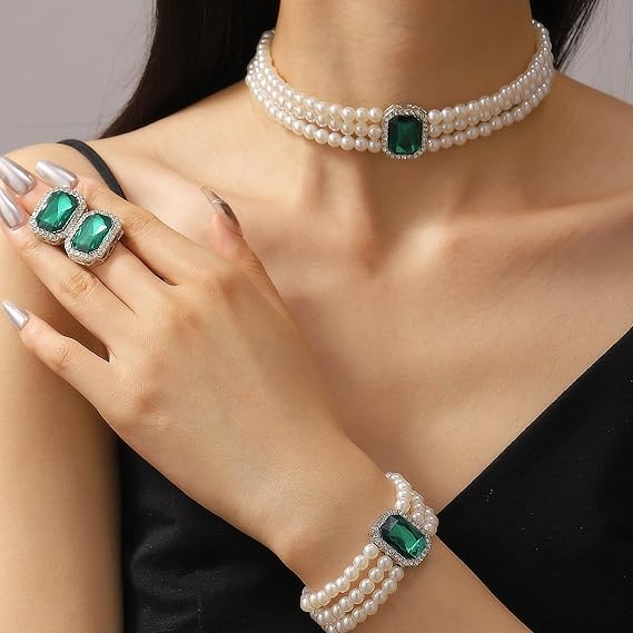 Conjunto de joias de pérolas em camadas para mulheres, brincos, colar, pulseira, uso diário