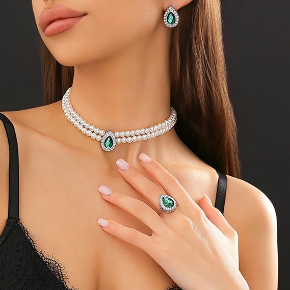 Conjunto de brincos de colar de cristal de pérola para noivas, vintage, conjunto de joias para noivas, elegante, várias camadas, pérolas, gargantilha, colar, strass, brincos ajustáveis, festa de