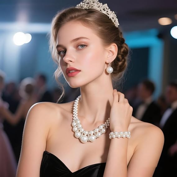 CSIYANJRY99 Conjunto de pérolas para mulheres, colar de pérolas falsas, conjunto de brincos, acessório de formatura, fantasia de dama de honra, colar de strass de pérola branca
