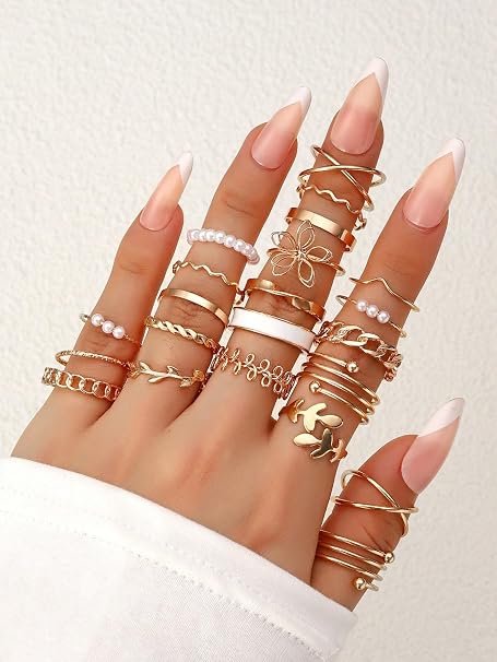 Conjunto de anéis geométricos vintage de pérolas falsas estilo boêmio com vários elementos para uso diário feminino, Medium, Latão, Sem pedra preciosa