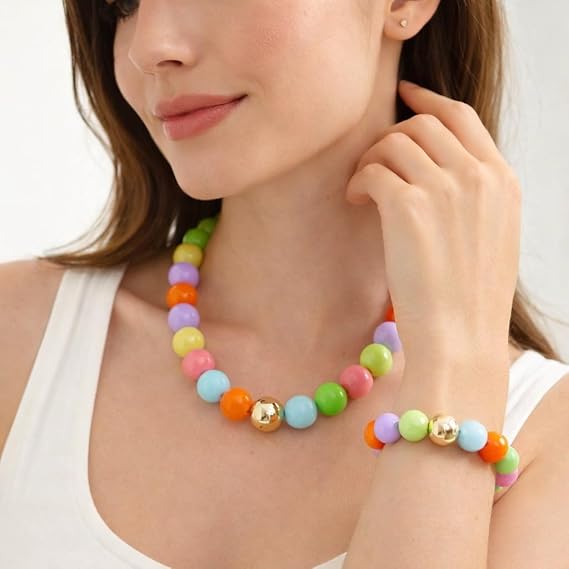 Conjunto de joias grossas e coloridas com contas para mulheres, colar boho banhado a ouro 18 k ajustável, colar gargantilha de acrílico para presente de verão
