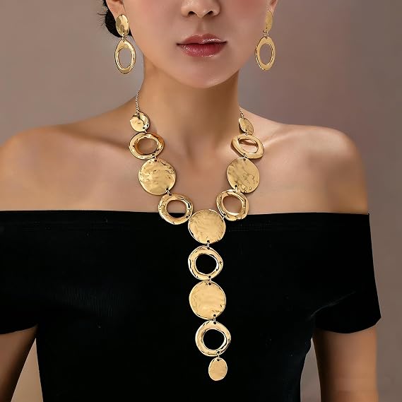 Conjunto de joias grossas para mulheres, colar longo com círculo dourado ajustável, colar em Y, brincos geométricos ocos, joias modernas, presentes