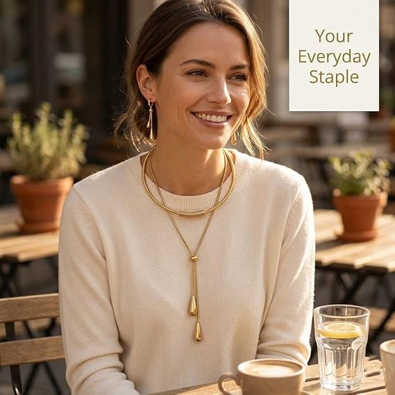 Conjunto de joias de gota de ouro para mulheres Lariat Conjunto de colar e brinco de gota de água ajustável dourado moderno conjunto de joias minimalistas presentes para mulheres