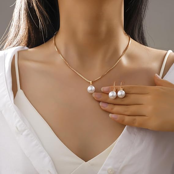 Conjunto de colar e brinco de pérola dourada para mulheres - Conjuntos de joias de casamento para noiva