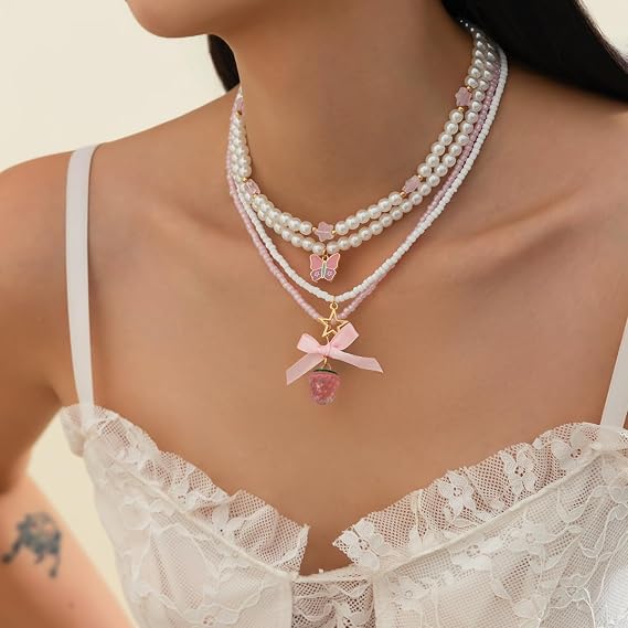 Conjunto de colares femininos em camadas de coração de borboleta com laço rosa com pingente de prata, 5 peças, colar grosso Y2K, elegante, ajustável, não mancha, à prova d'água, joia de presente